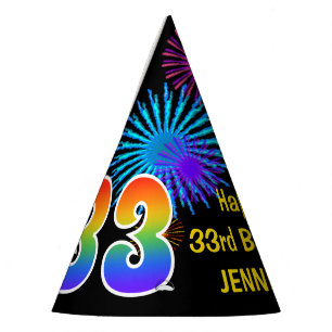 Fun Fireworks + Rainbow Pattern "33" Birthday # Party Hat