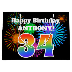 Fun Fireworks + Rainbow Pattern "34" Birthday # Large Gift Bag