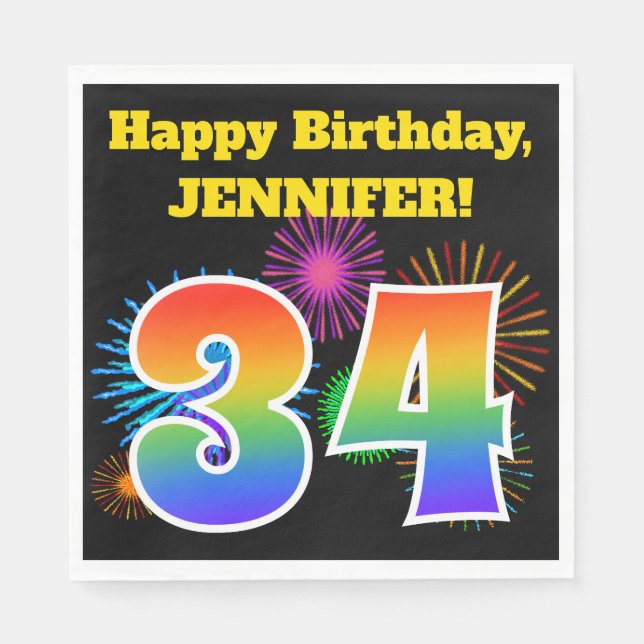 Fun Fireworks + Rainbow Pattern "34" Birthday # Napkin (Front)
