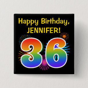Fun Fireworks + Rainbow Pattern "36" Birthday # 15 Cm Square Badge