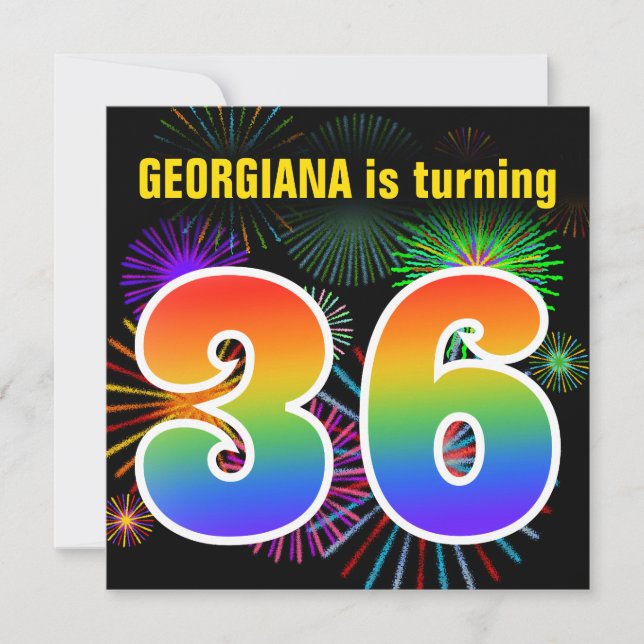 Fun Fireworks + Rainbow Pattern "36" Birthday # Invitation (Front)