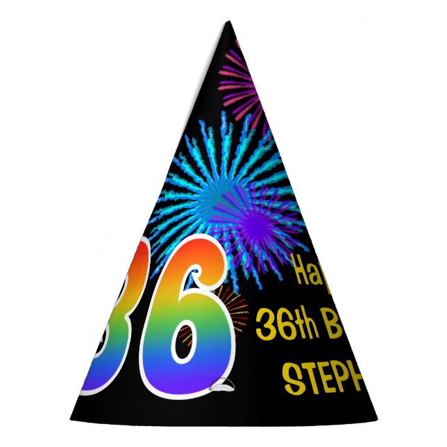 Fun Fireworks + Rainbow Pattern "36" Birthday # Party Hat (Left)
