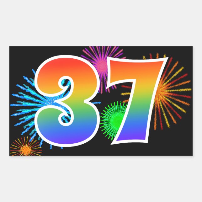 Fun Fireworks + Rainbow Pattern "37" Event Number Rectangular Sticker (Front)