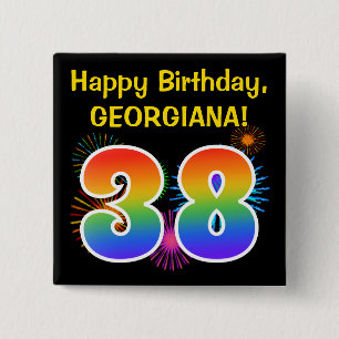 Fun Fireworks + Rainbow Pattern "38" Birthday # 15 Cm Square Badge