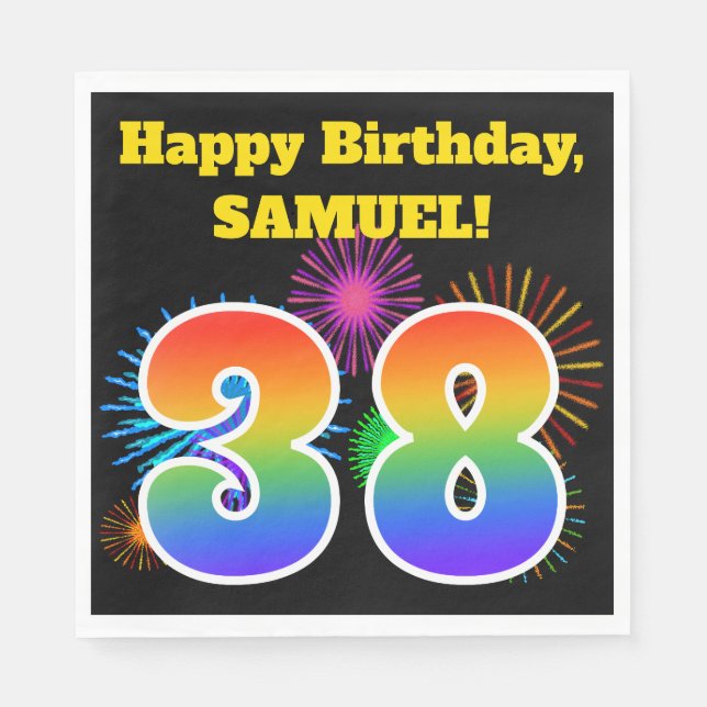 Fun Fireworks + Rainbow Pattern "38" Birthday # Napkin (Front)
