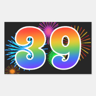 Fun Fireworks + Rainbow Pattern "39" Event Number Rectangular Sticker