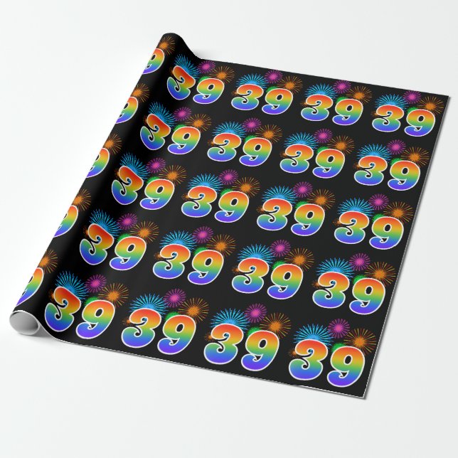 Fun Fireworks + Rainbow Pattern "39" Event Number Wrapping Paper (Unrolled)