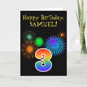 Fun Fireworks + Rainbow Pattern "3" Birthday # Card