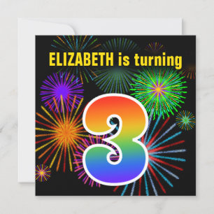 Fun Fireworks + Rainbow Pattern "3" Birthday # Invitation