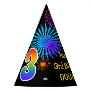 Fun Fireworks + Rainbow Pattern "3" Birthday # Party Hat