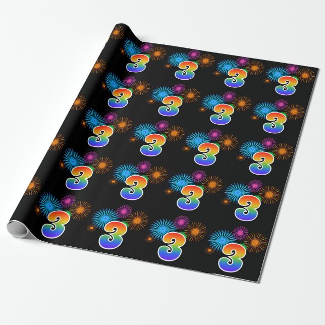 Fun Fireworks + Rainbow Pattern "3" Event Number Wrapping Paper (Unrolled)