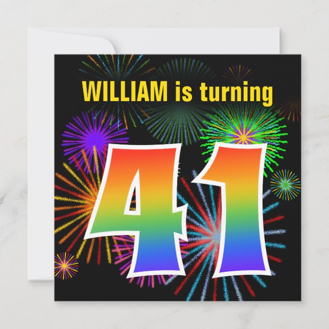 Fun Fireworks + Rainbow Pattern "41" Birthday # Invitation (Front)