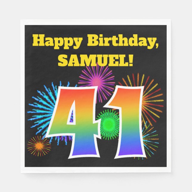 Fun Fireworks + Rainbow Pattern "41" Birthday # Napkin (Front)