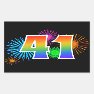 Fun Fireworks + Rainbow Pattern "41" Event Number Rectangular Sticker