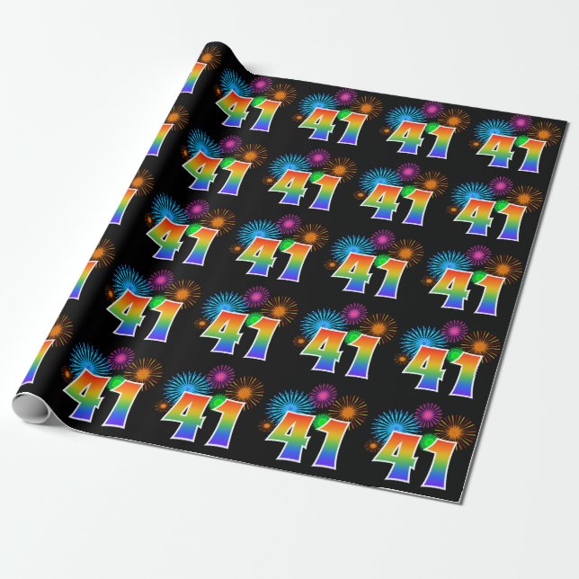 Fun Fireworks + Rainbow Pattern "41" Event Number Wrapping Paper (Unrolled)