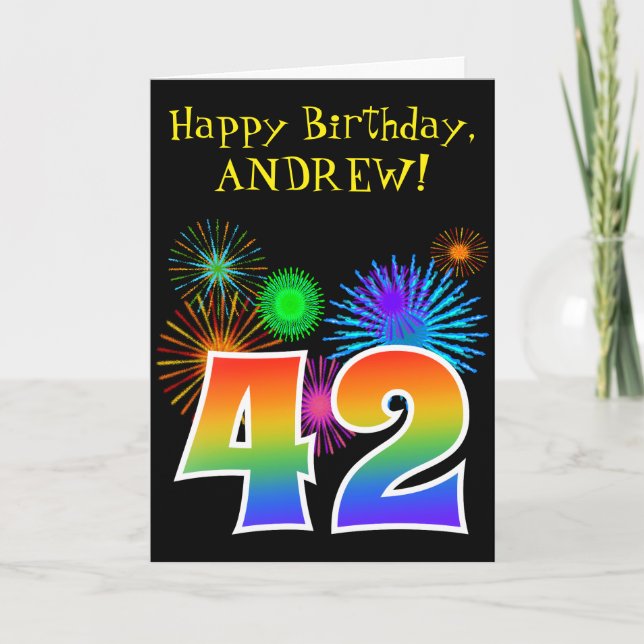 Fun Fireworks + Rainbow Pattern "42" Birthday # Card (Front)