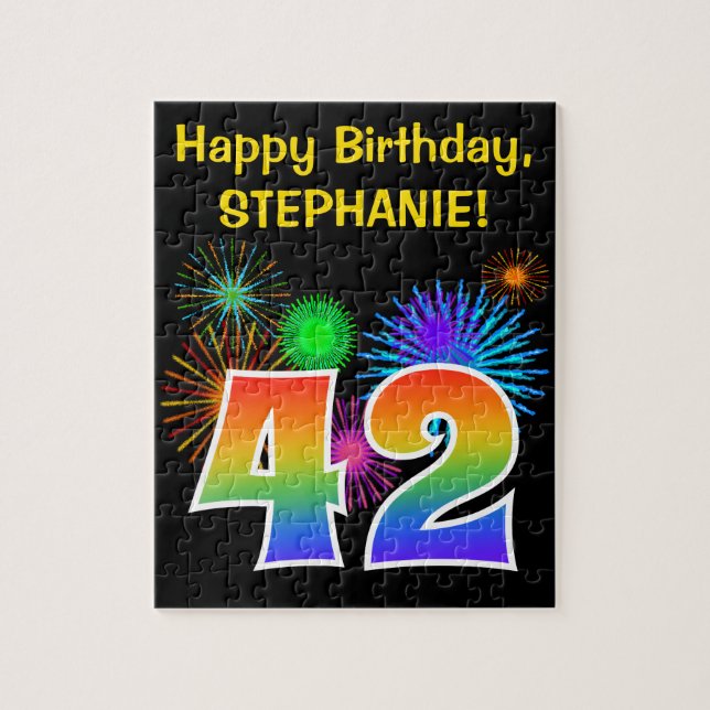 Fun Fireworks + Rainbow Pattern "42" Birthday # Jigsaw Puzzle (Vertical)