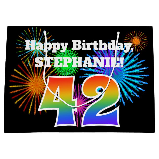 Fun Fireworks + Rainbow Pattern "42" Birthday # Large Gift Bag (Front)