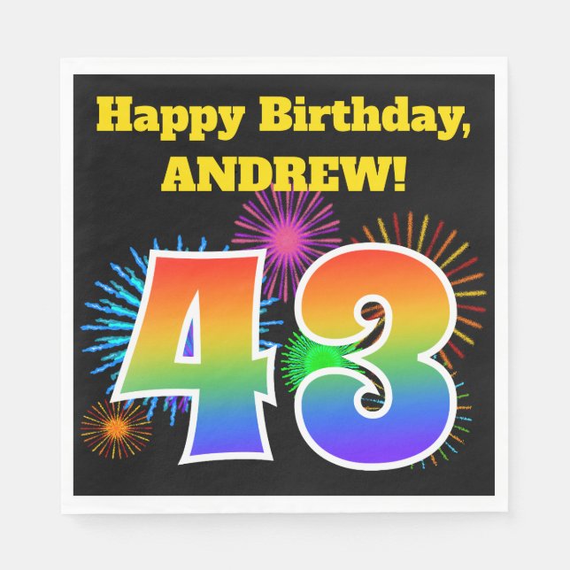 Fun Fireworks + Rainbow Pattern "43" Birthday # Napkin (Front)