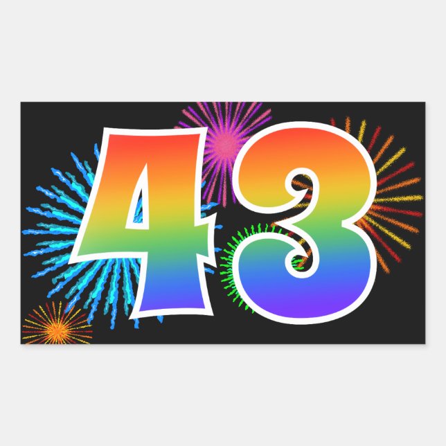 Fun Fireworks + Rainbow Pattern "43" Event Number Rectangular Sticker (Front)