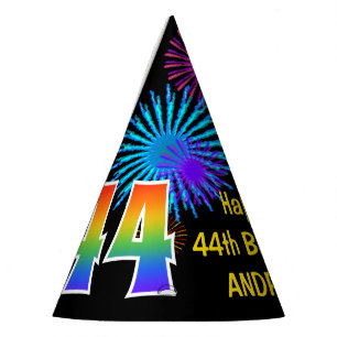 Fun Fireworks + Rainbow Pattern "44" Birthday # Party Hat