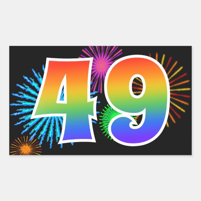 Fun Fireworks + Rainbow Pattern "49" Event Number Rectangular Sticker (Front)