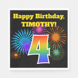 Fun Fireworks + Rainbow Pattern "4" Birthday # Napkin
