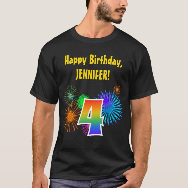 Fun Fireworks + Rainbow Pattern "4" Birthday # T-Shirt (Front)
