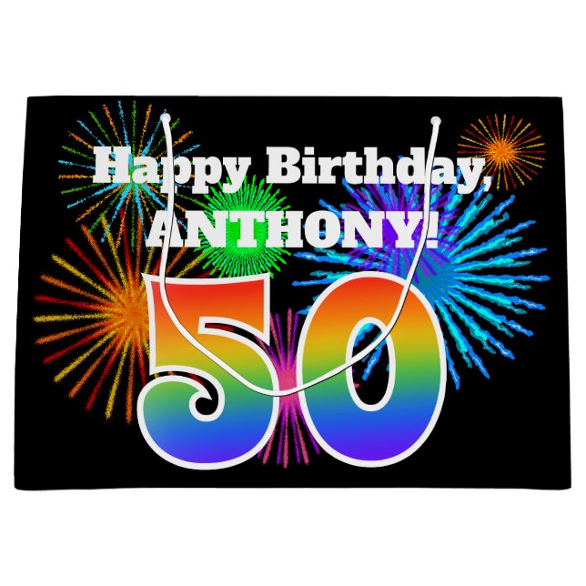 Fun Fireworks + Rainbow Pattern "50" Birthday # Large Gift Bag (Front)