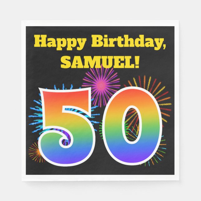 Fun Fireworks + Rainbow Pattern "50" Birthday # Napkin (Front)