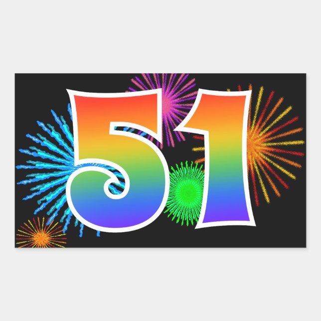 Fun Fireworks + Rainbow Pattern "51" Event Number Rectangular Sticker (Front)