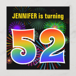Fun Fireworks + Rainbow Pattern "52" Birthday # Invitation