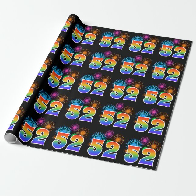 Fun Fireworks + Rainbow Pattern "52" Event Number Wrapping Paper (Unrolled)