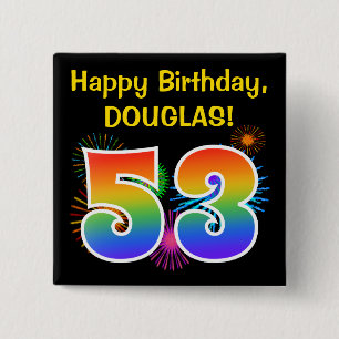 Fun Fireworks + Rainbow Pattern "53" Birthday # 15 Cm Square Badge