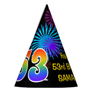 Fun Fireworks + Rainbow Pattern "53" Birthday # Party Hat
