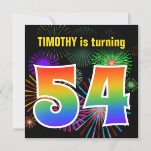 Fun Fireworks + Rainbow Pattern "54" Birthday # Invitation