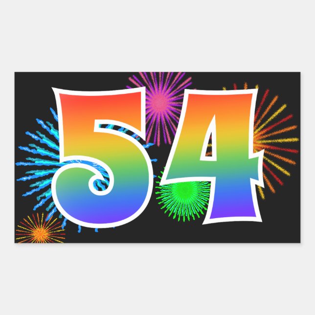 Fun Fireworks + Rainbow Pattern "54" Event Number Rectangular Sticker (Front)