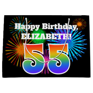 Fun Fireworks + Rainbow Pattern "55" Birthday # Large Gift Bag