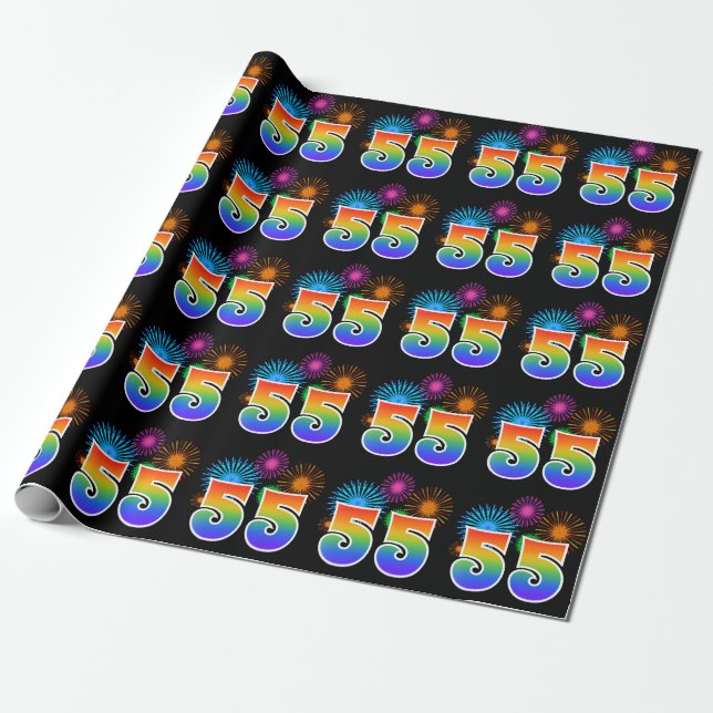 Fun Fireworks + Rainbow Pattern "55" Event Number Wrapping Paper (Unrolled)