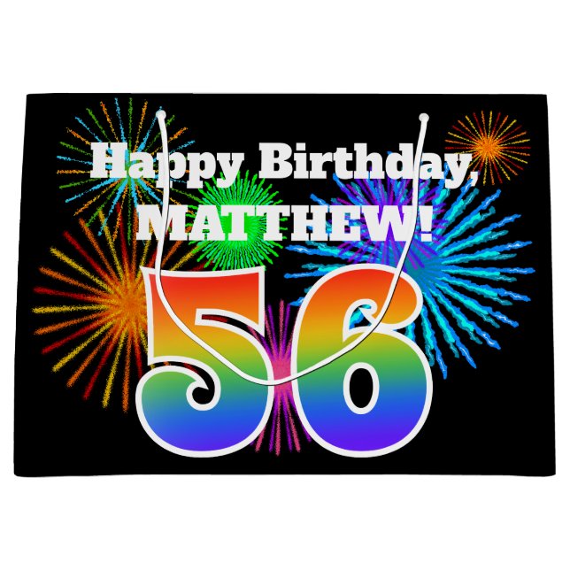 Fun Fireworks + Rainbow Pattern "56" Birthday # Large Gift Bag (Front)