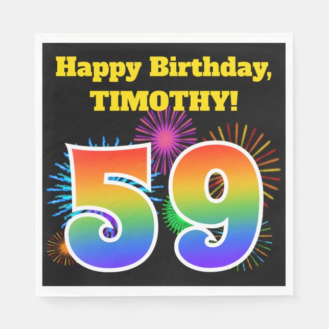 Fun Fireworks + Rainbow Pattern "59" Birthday # Napkin (Front)