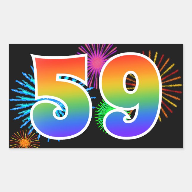 Fun Fireworks + Rainbow Pattern "59" Event Number Rectangular Sticker (Front)