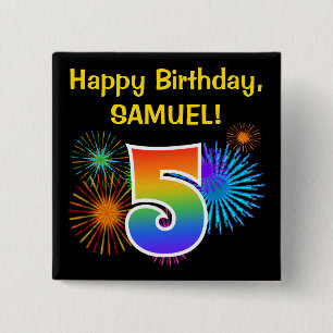 Fun Fireworks + Rainbow Pattern "5" Birthday # 15 Cm Square Badge
