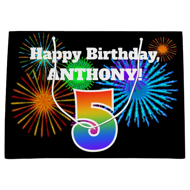 Fun Fireworks + Rainbow Pattern "5" Birthday # Large Gift Bag (Front)