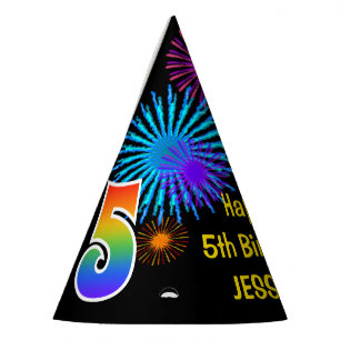 Fun Fireworks + Rainbow Pattern "5" Birthday # Party Hat