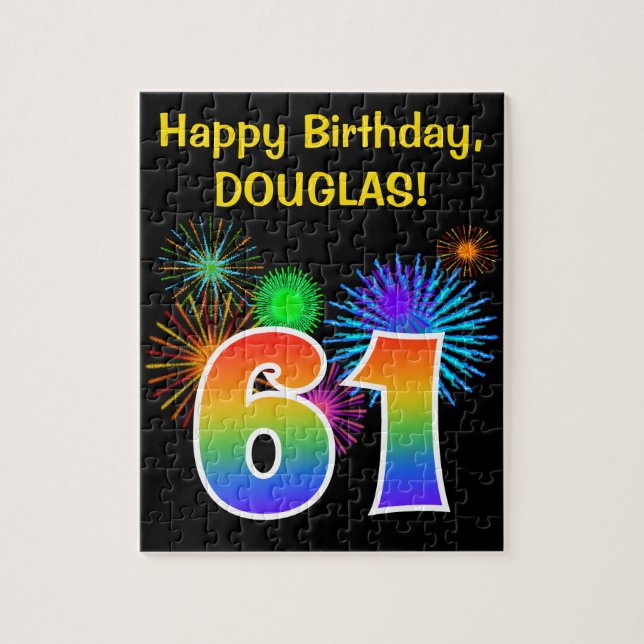 Fun Fireworks + Rainbow Pattern "61" Birthday # Jigsaw Puzzle (Vertical)
