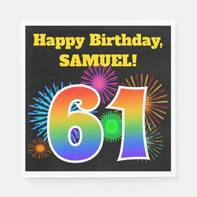 Fun Fireworks + Rainbow Pattern "61" Birthday # Napkin (Front)