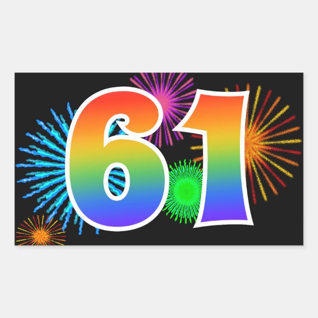 Fun Fireworks + Rainbow Pattern "61" Event Number Rectangular Sticker (Front)