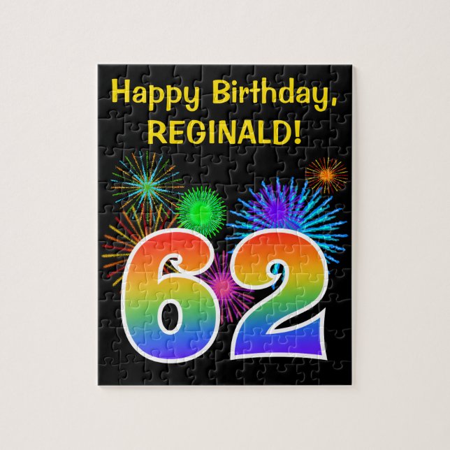 Fun Fireworks + Rainbow Pattern "62" Birthday # Jigsaw Puzzle (Vertical)