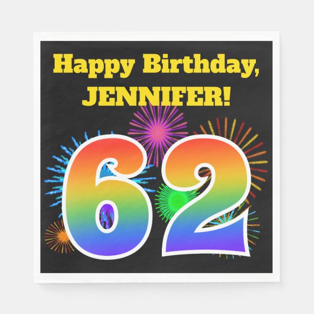 Fun Fireworks + Rainbow Pattern "62" Birthday # Napkin (Front)